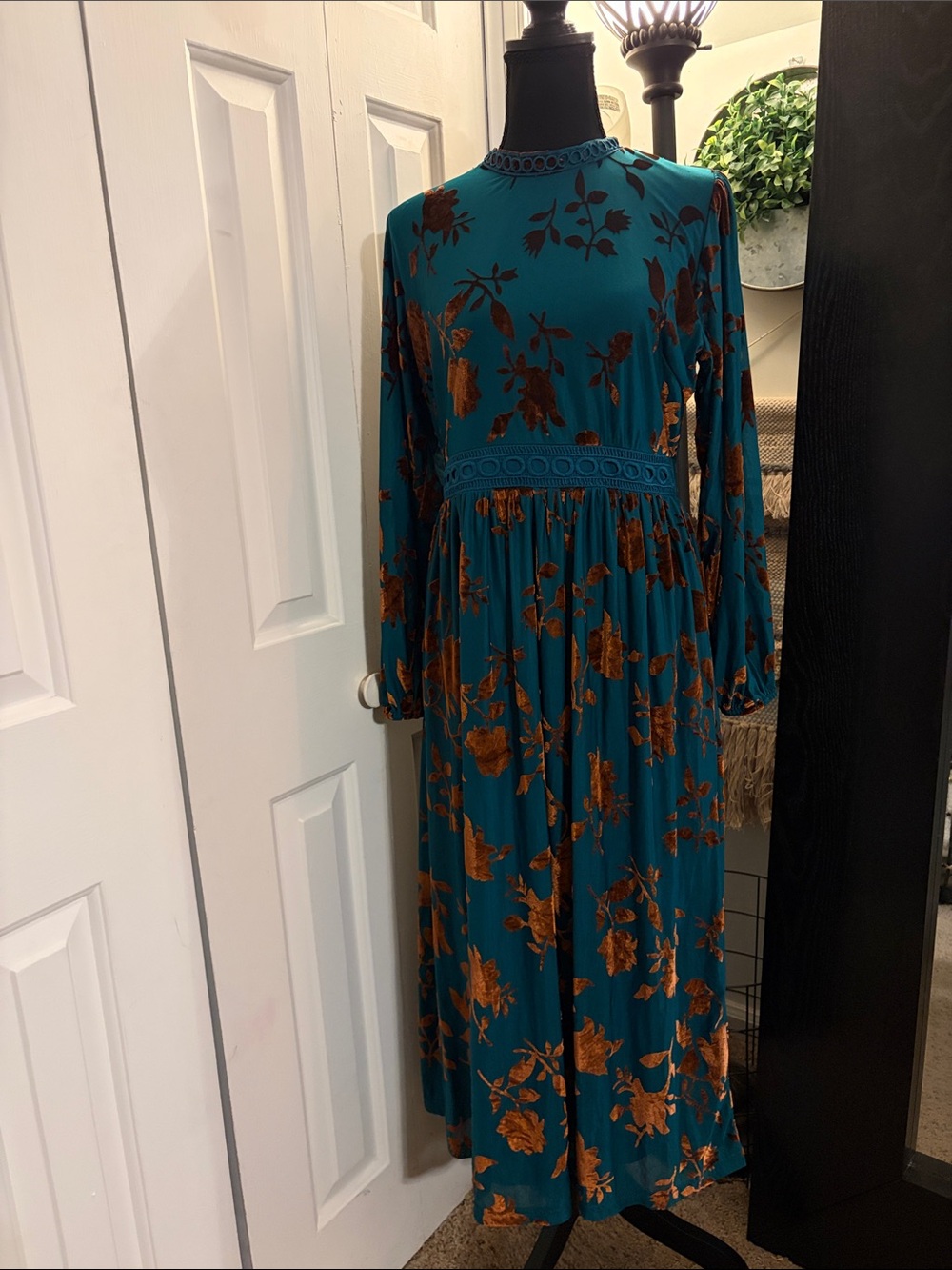 Baltic Born Christine Velvet Embossed Jade Midi Dress with Rust Floral Print